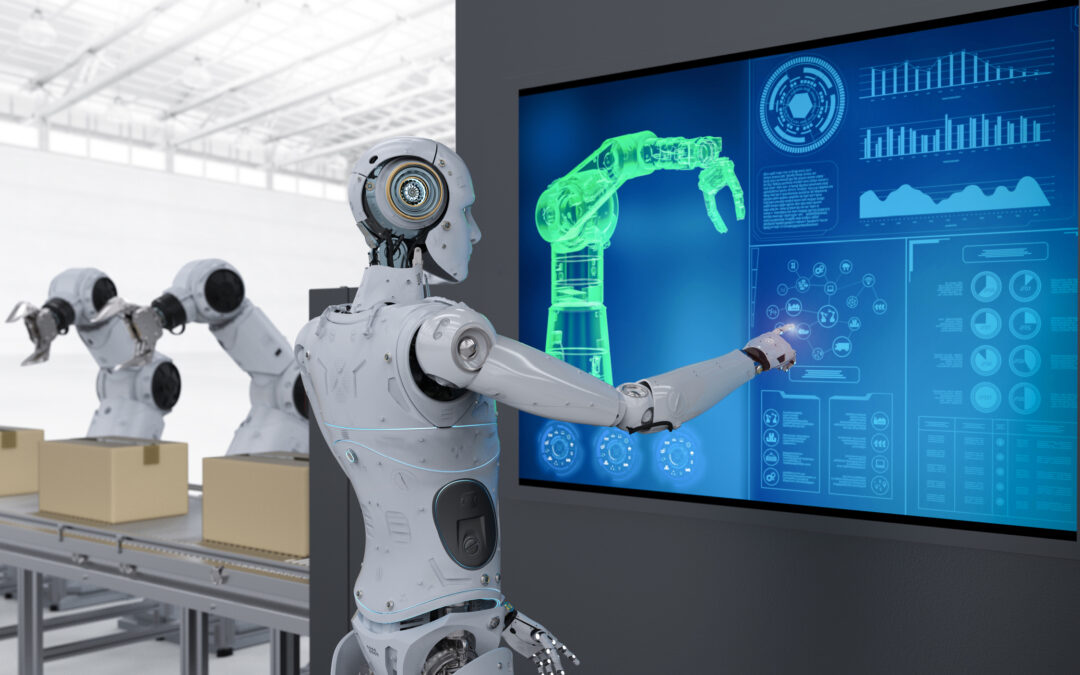 Ein Roboter mit menschenähnlichem Kopf und Torso interagiert mit einem futuristischen Touchscreen-Display, das schematische Darstellungen eines Roboterarms und verschiedene grafische Benutzeroberflächen zeigt. Im Hintergrund sind ähnliche Roboterarme zu sehen, die auf einer Fertigungsstraße arbeiten.